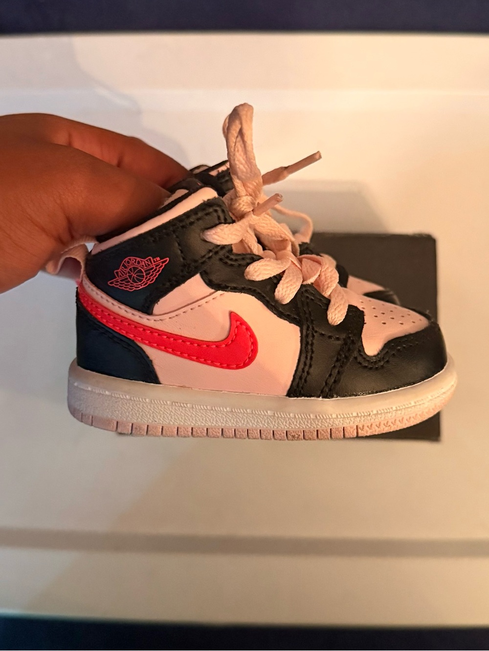 Jordan Kids' Pink and Black High-Top Sneakers with Red Swoosh - Picture 2 of 4